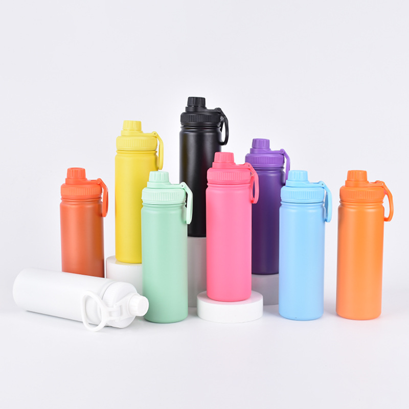 A series of stainless steel sports water bottles with handles in different colors.