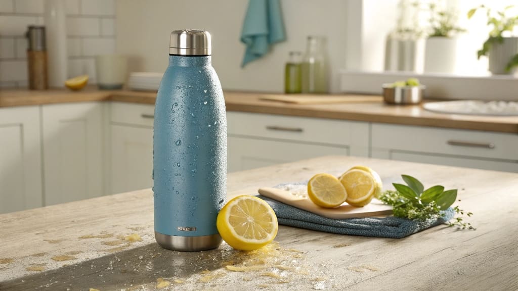 Acidic liquids being poured into a stainless steel bottle