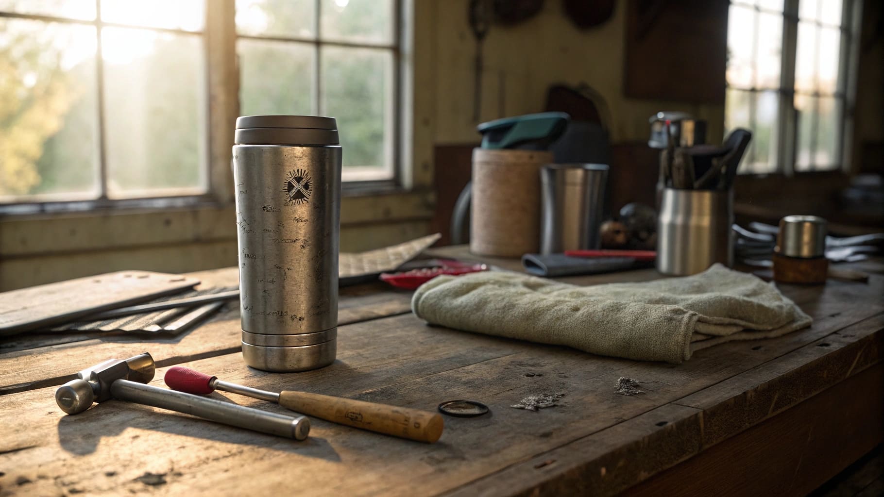 A dented Hydro Flask tumbler next to repair tools and materials