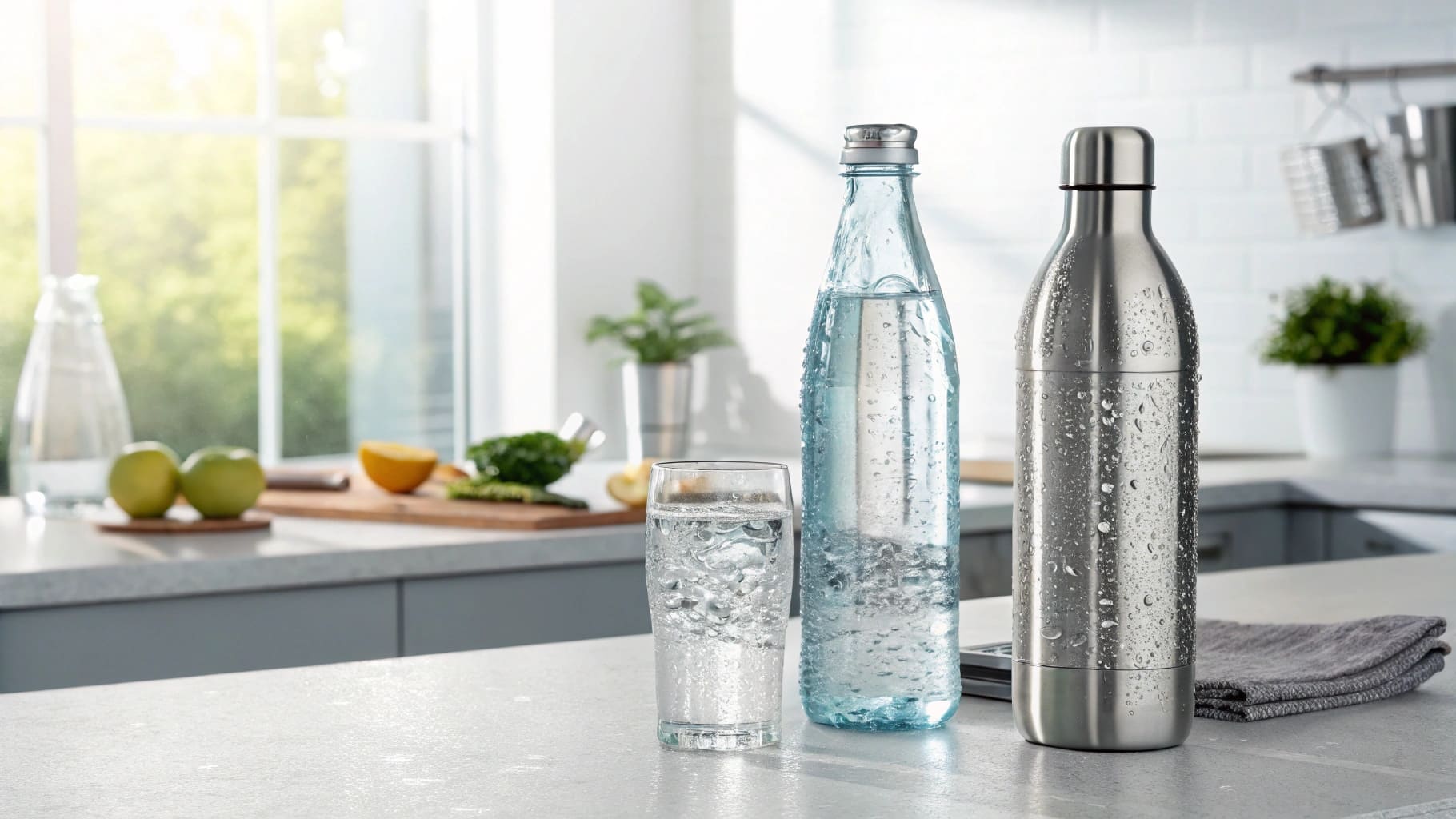 A glass water bottle next to a stainless steel one