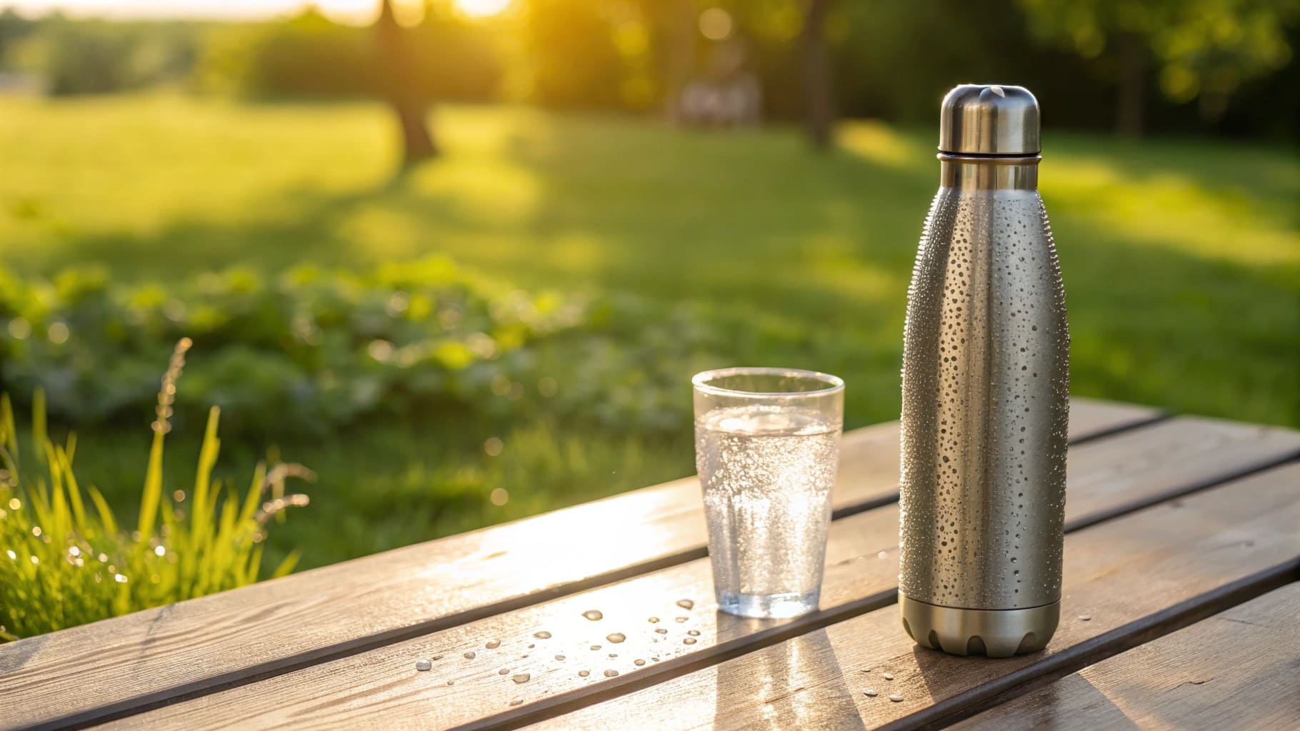 A stainless steel water bottle keeping water cold