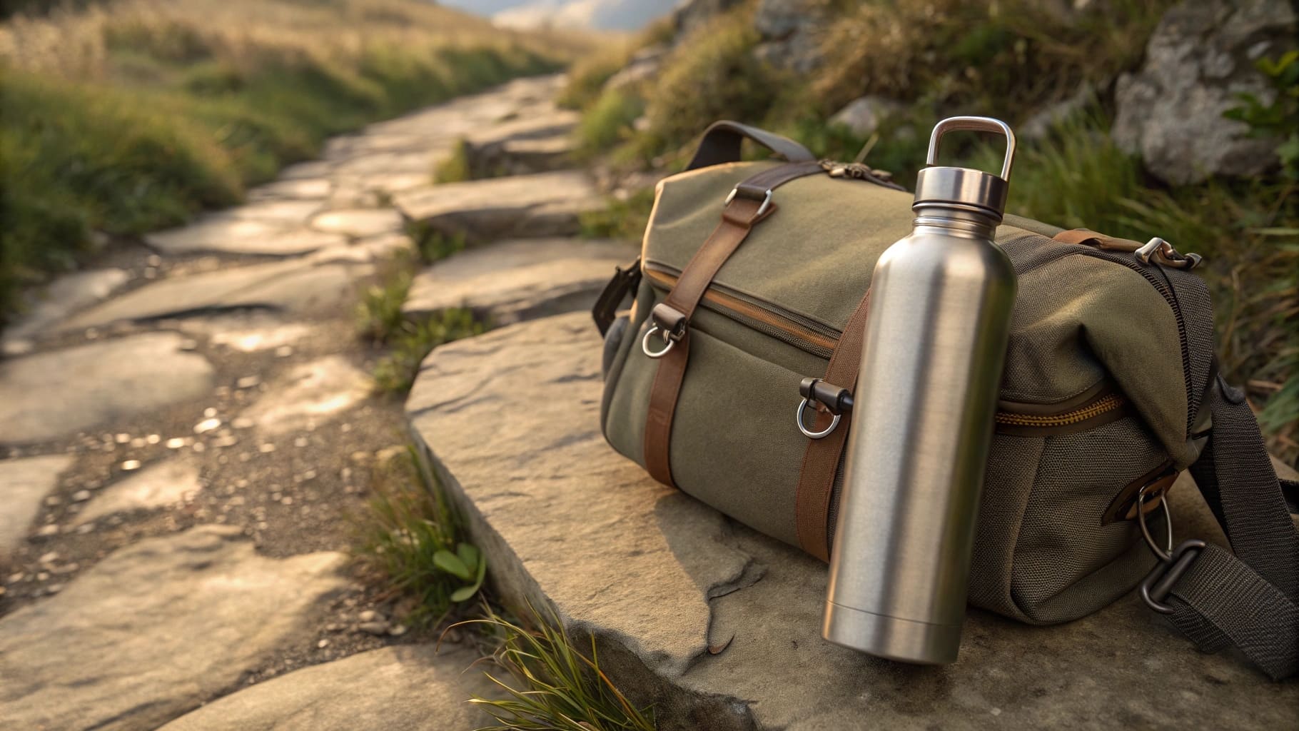 A dented stainless steel bottle on the ground