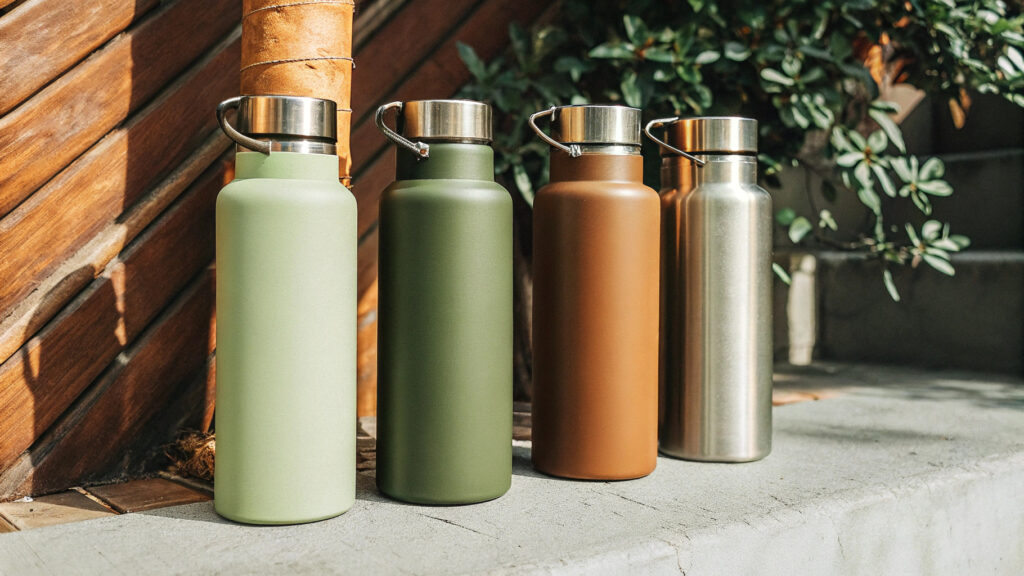 A group of stainless steel water bottles arranged in a row on a white background, highlighting different sizes and colors, emanating safety and reliability.