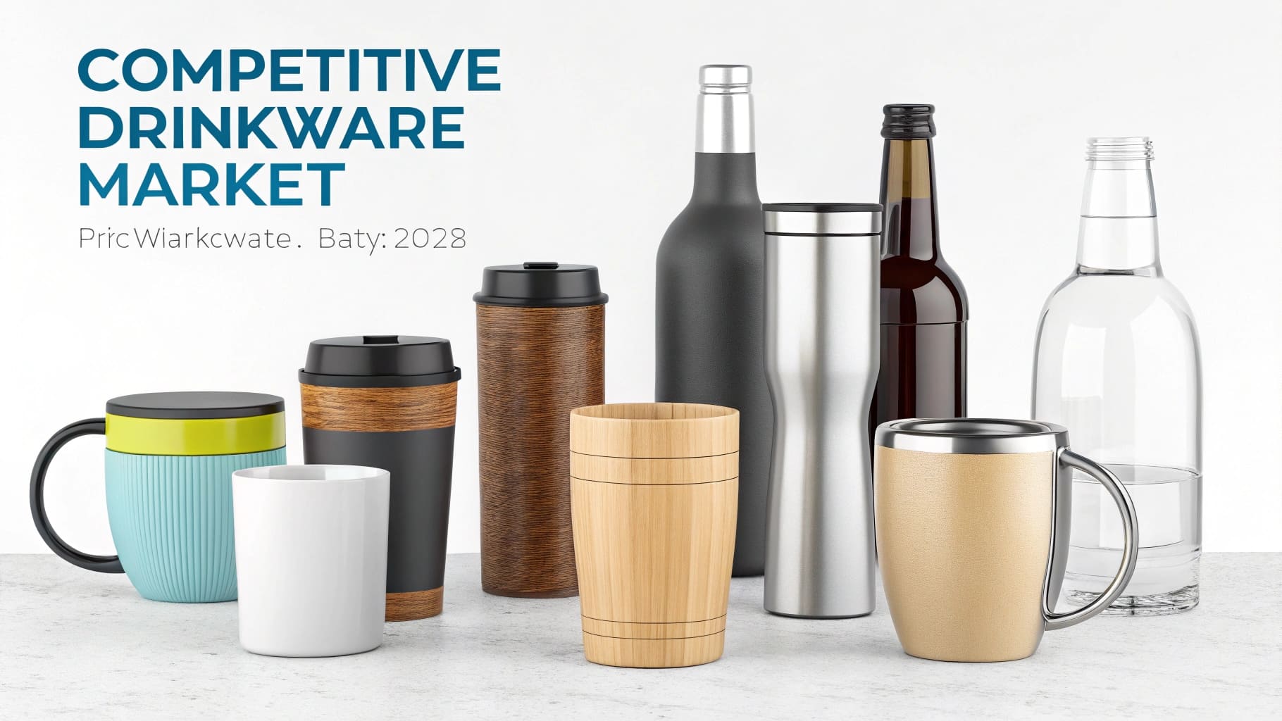 A competitive drinkware market visual with diverse product shapes and sizes highlighting differentiation.