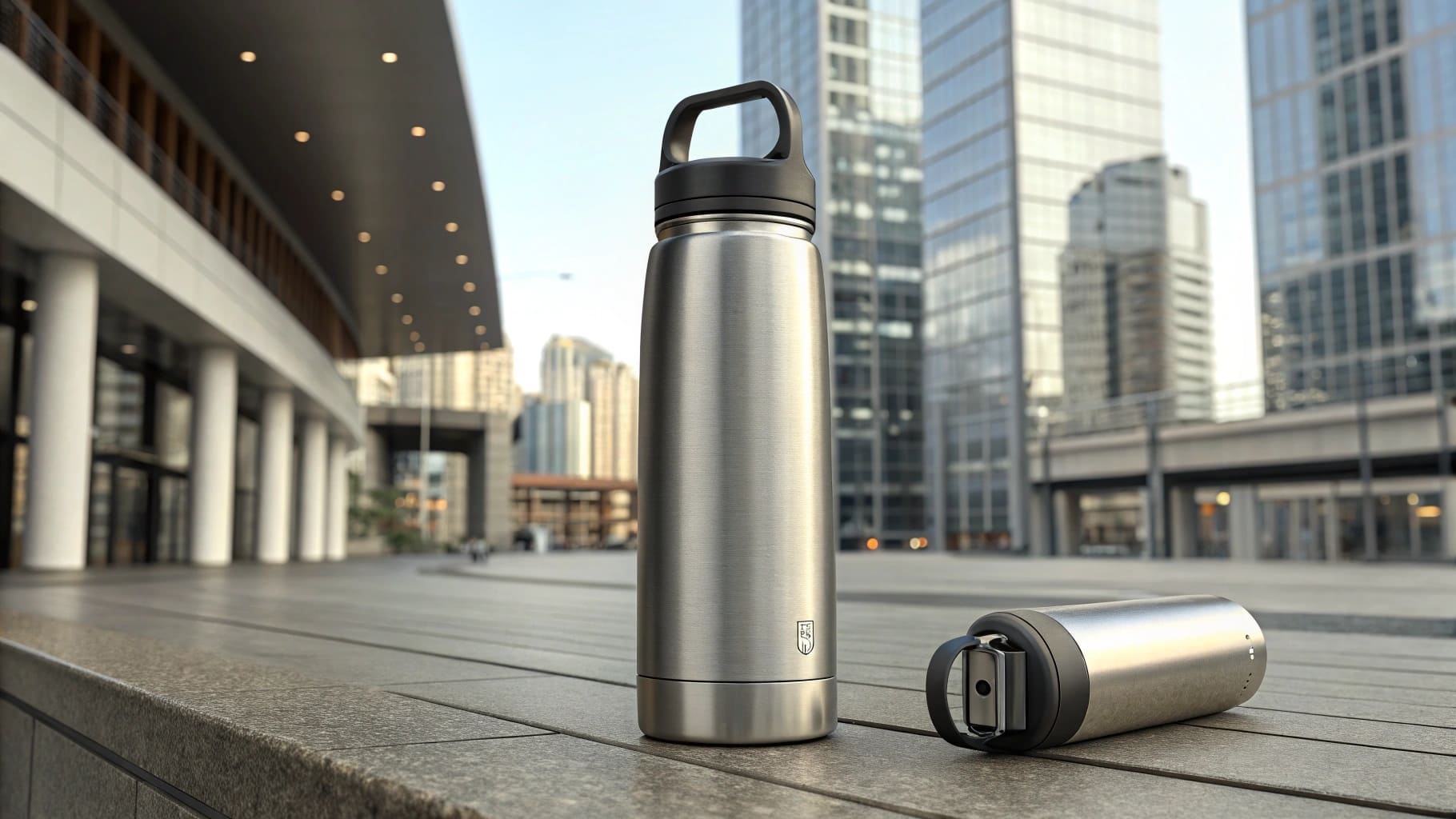 A concept design showcasing a stainless steel water bottle emphasizing ergonomic grip, sleek proportions, and a modern aesthetic globally appealing to urban consumers.