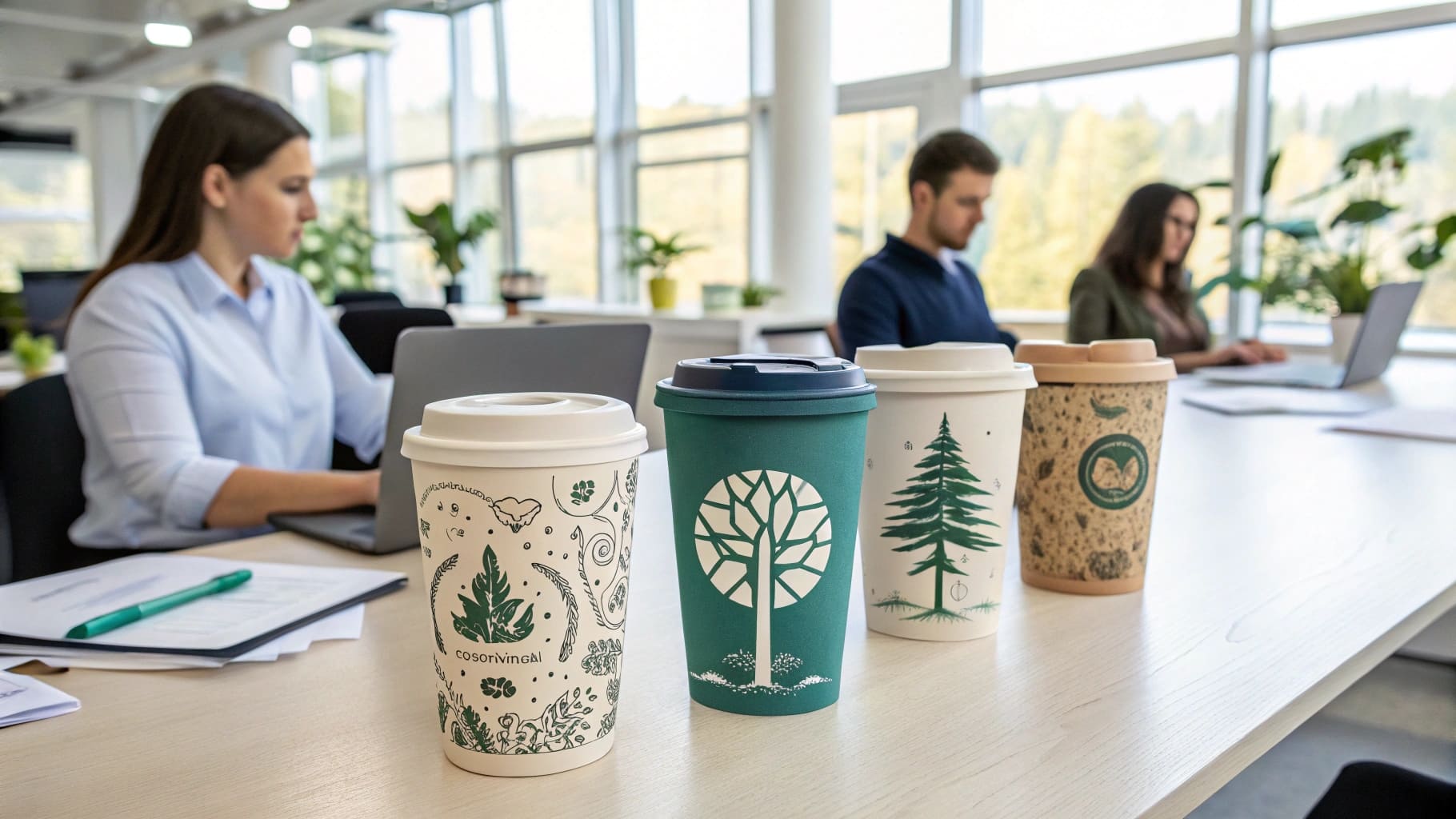 A corporate setting showing employees using personalized eco-friendly cups.