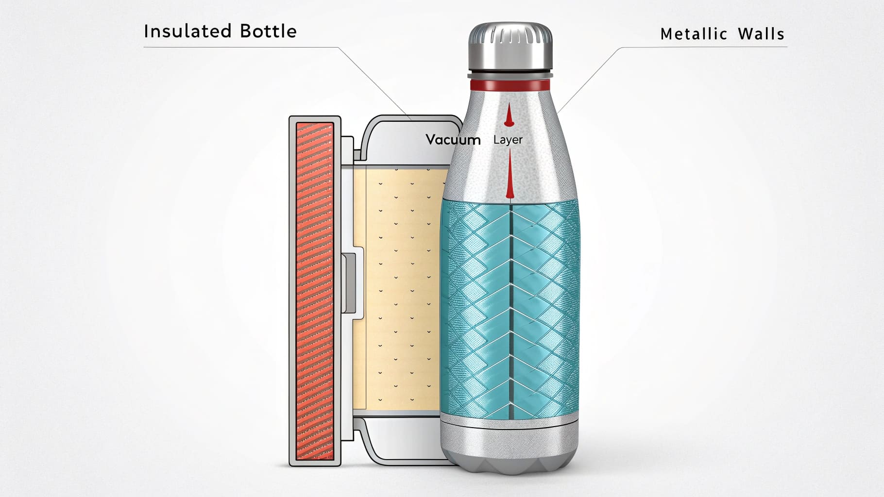 A cross-section of an insulated bottle showing the vacuum layer positioned between two metallic walls with a scientific illustration of heat being blocked.