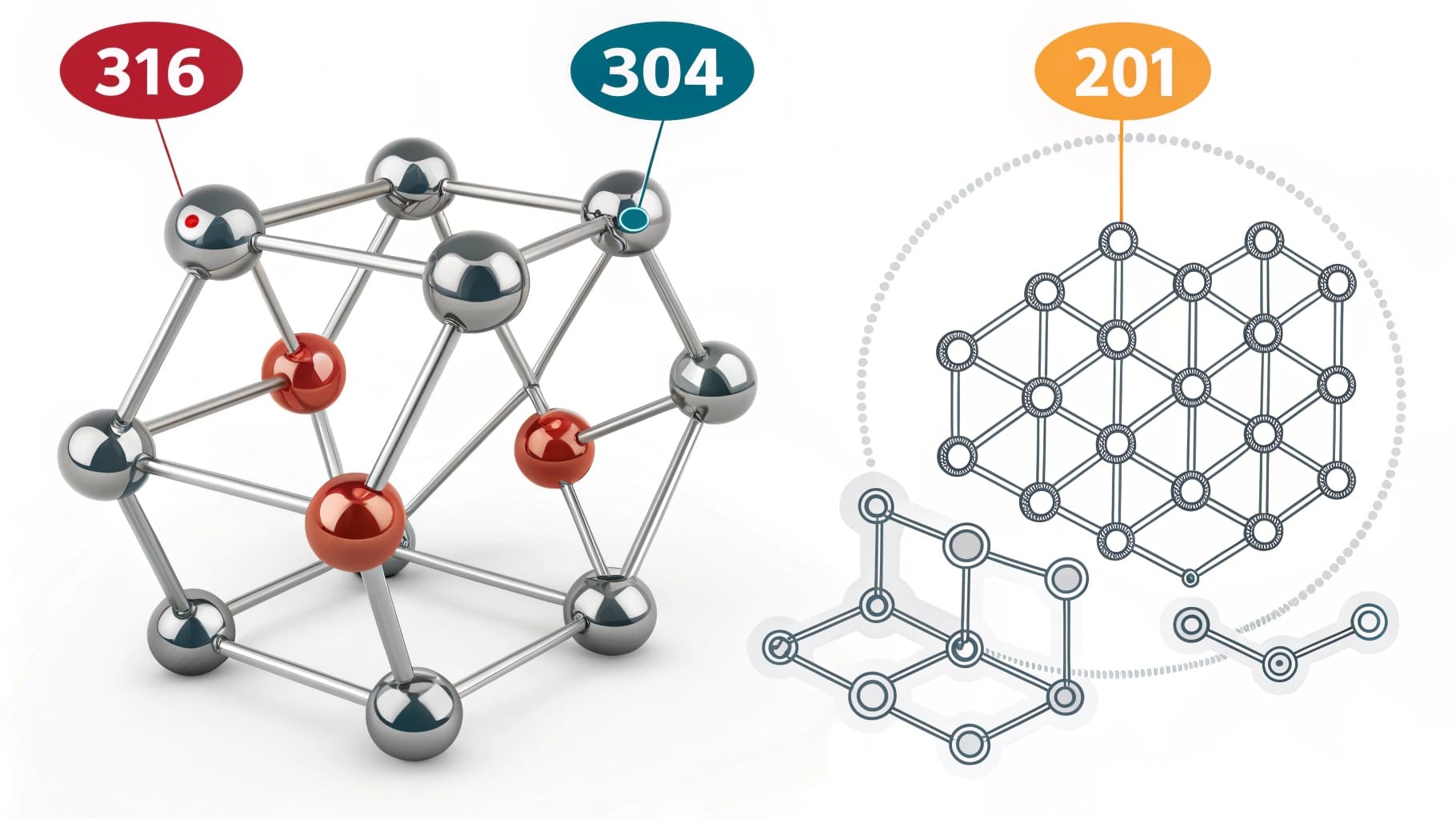 A detailed illustration showing molecular structures of 316, 304, and 201 stainless steel emphasizing safety aspects.