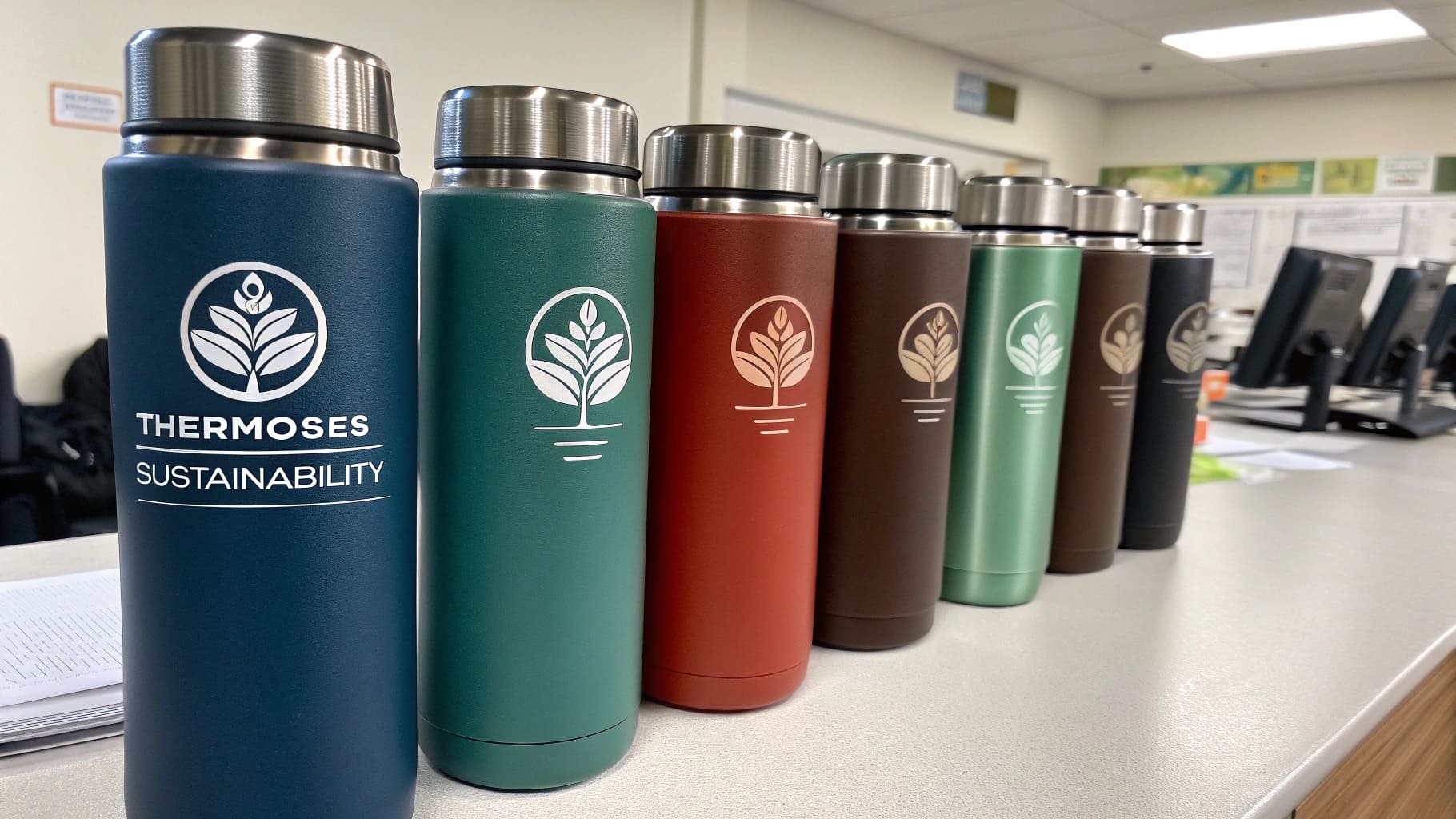 A lineup of branded thermoses used in corporate settings, promoting sustainability.