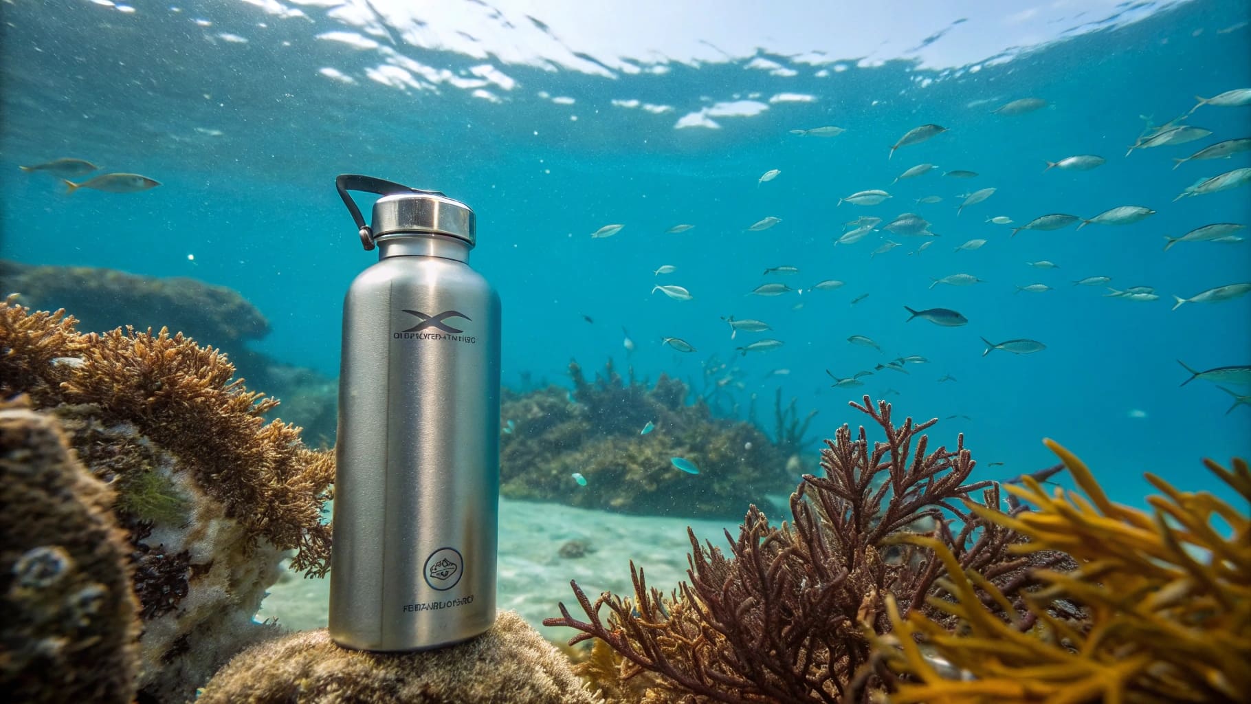 A marine environment featuring a water bottle made of 316 stainless steel to showcase its corrosion resistance.