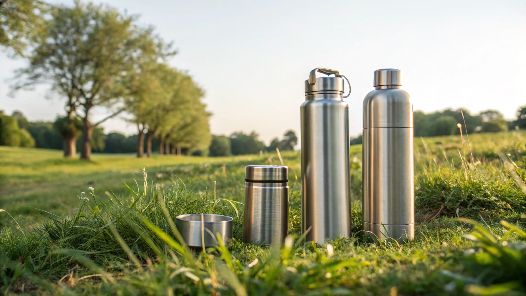 A scenic composition of stainless steel thermoses amidst a natural background, representing eco-friendly alternatives to plastics.