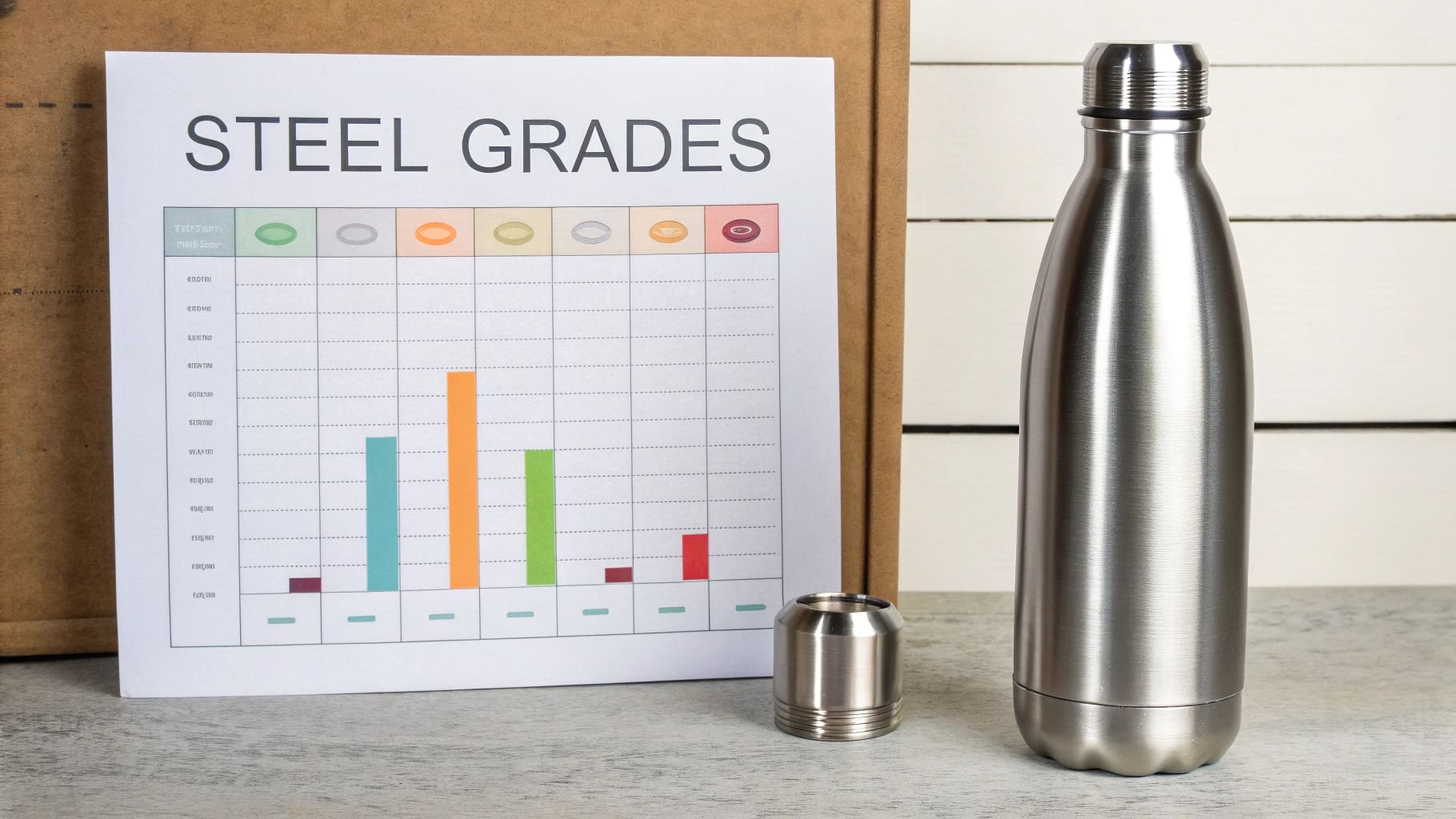 A shiny stainless steel water bottle placed with a comparison chart highlighting different steel grades.