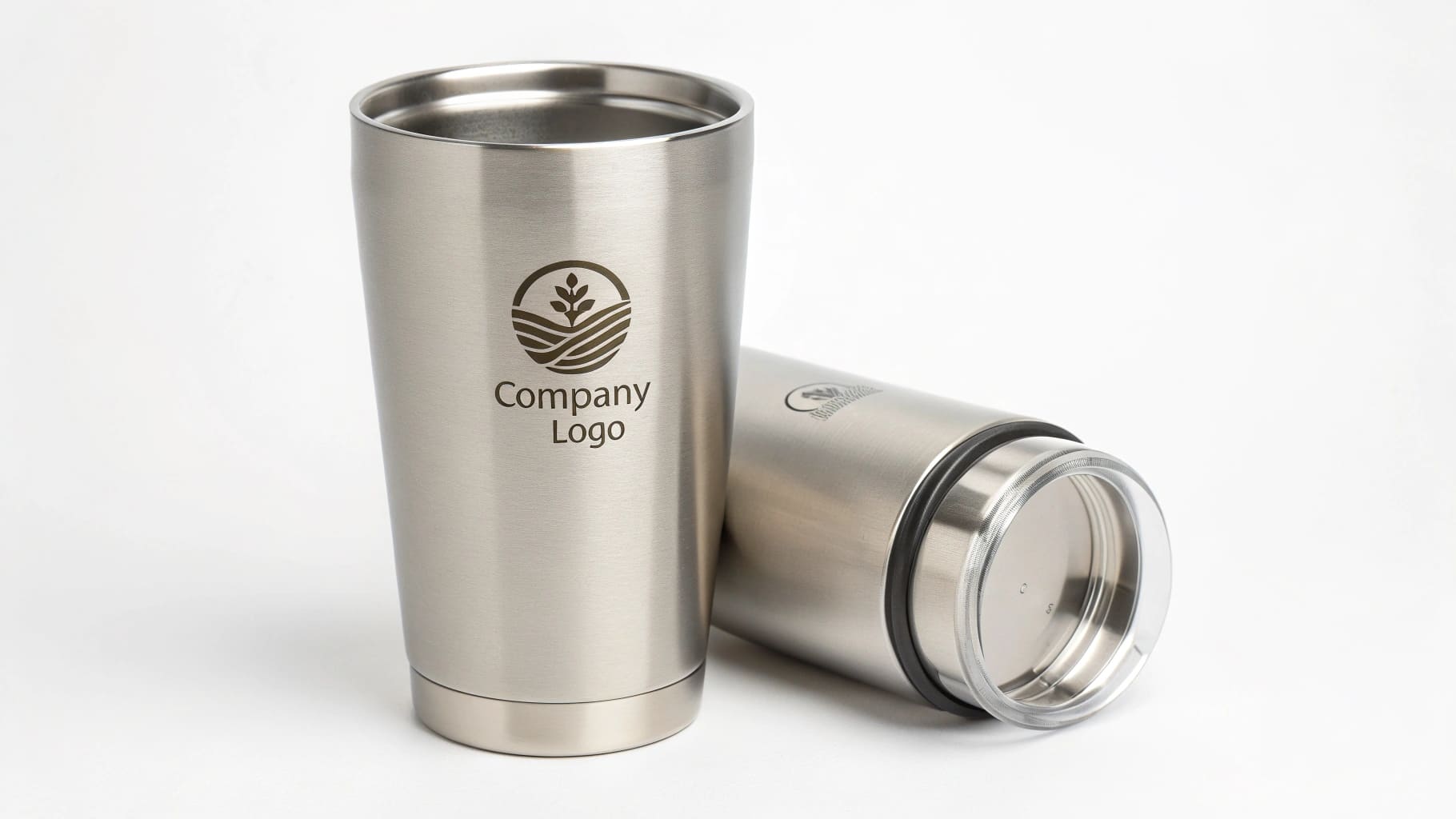 A stylish and sustainable stainless-steel cup presented as corporate merchandise.