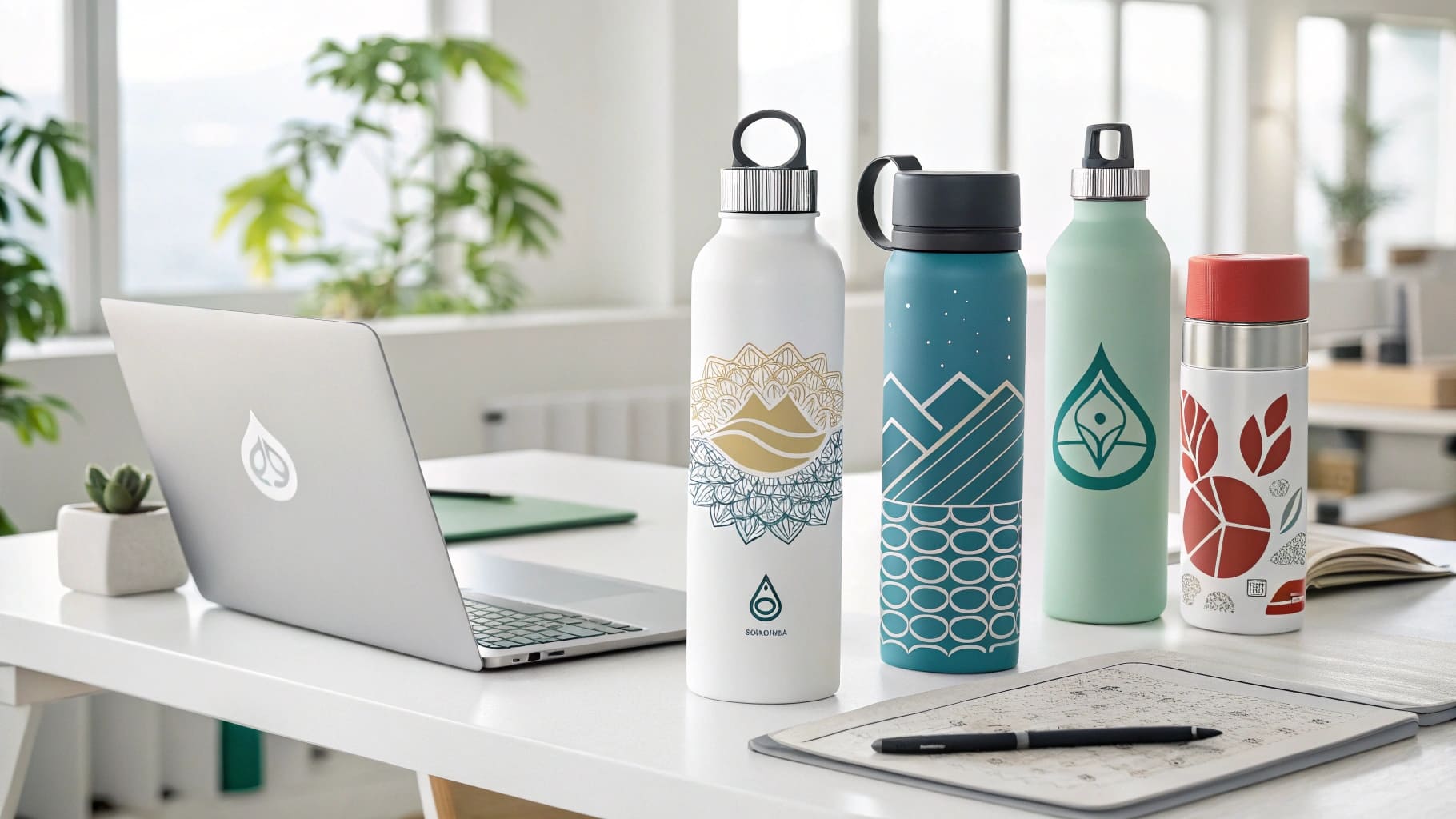 A workspace setup with various water bottles showcasing brand identity elements with distinct styles.