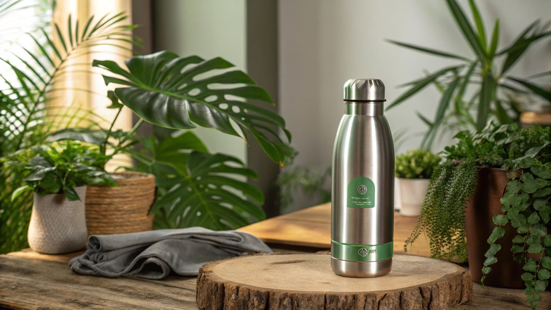 An eco-friendly stainless steel insulated bottle placed on a wooden surface, surrounded by greenery.