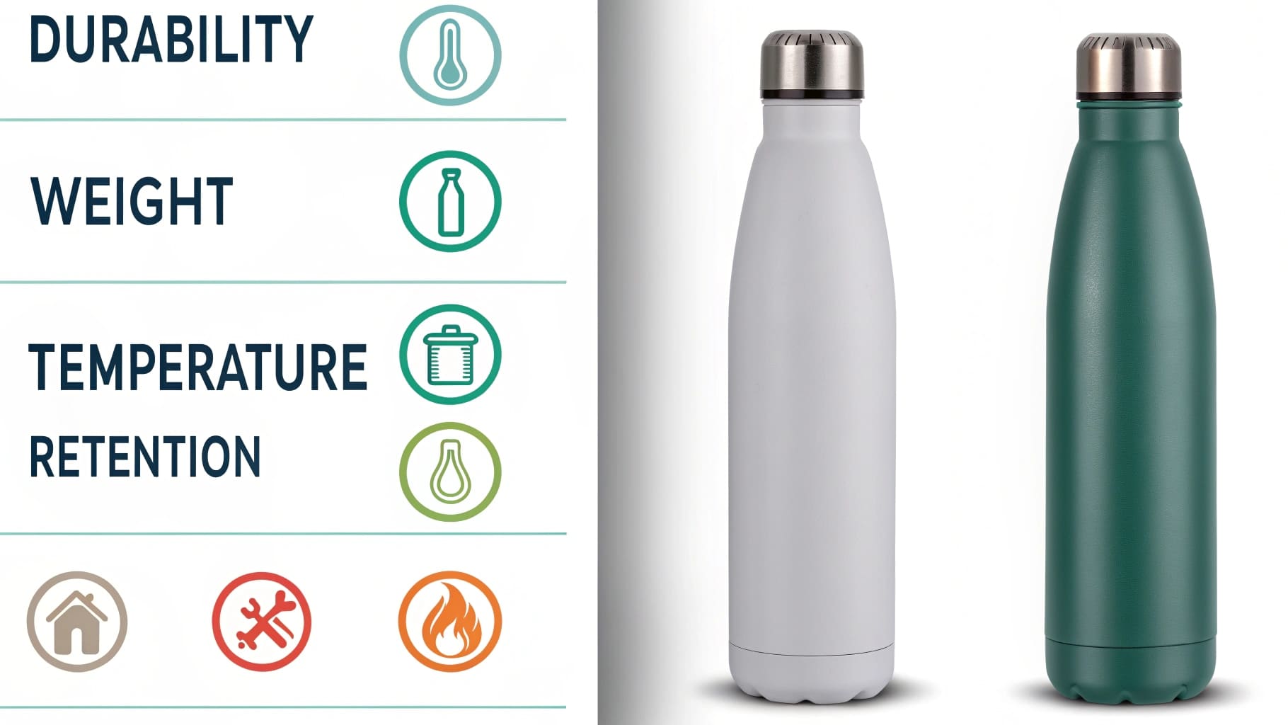 An infographic showing the pros and cons of vacuum-insulated bottles, including durability, weight, and temperature retention.