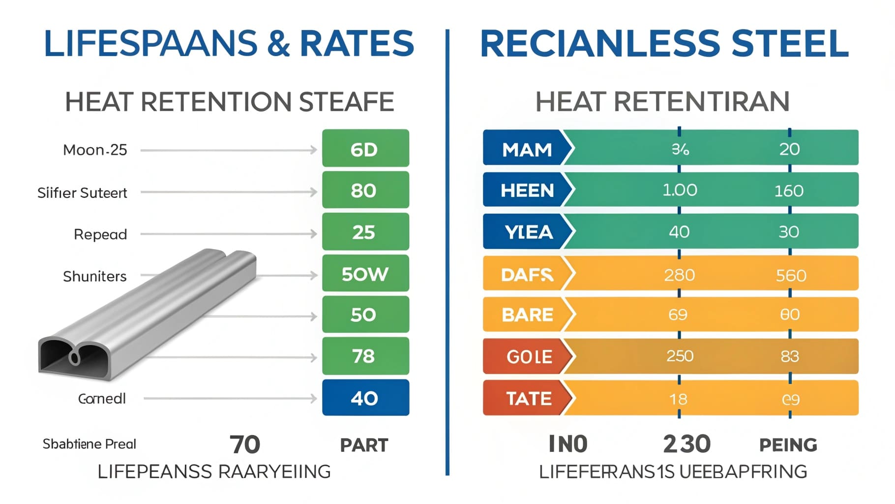 Comparison chart showing lifespans and recycling rates of stainless steel grades and heat retention results.