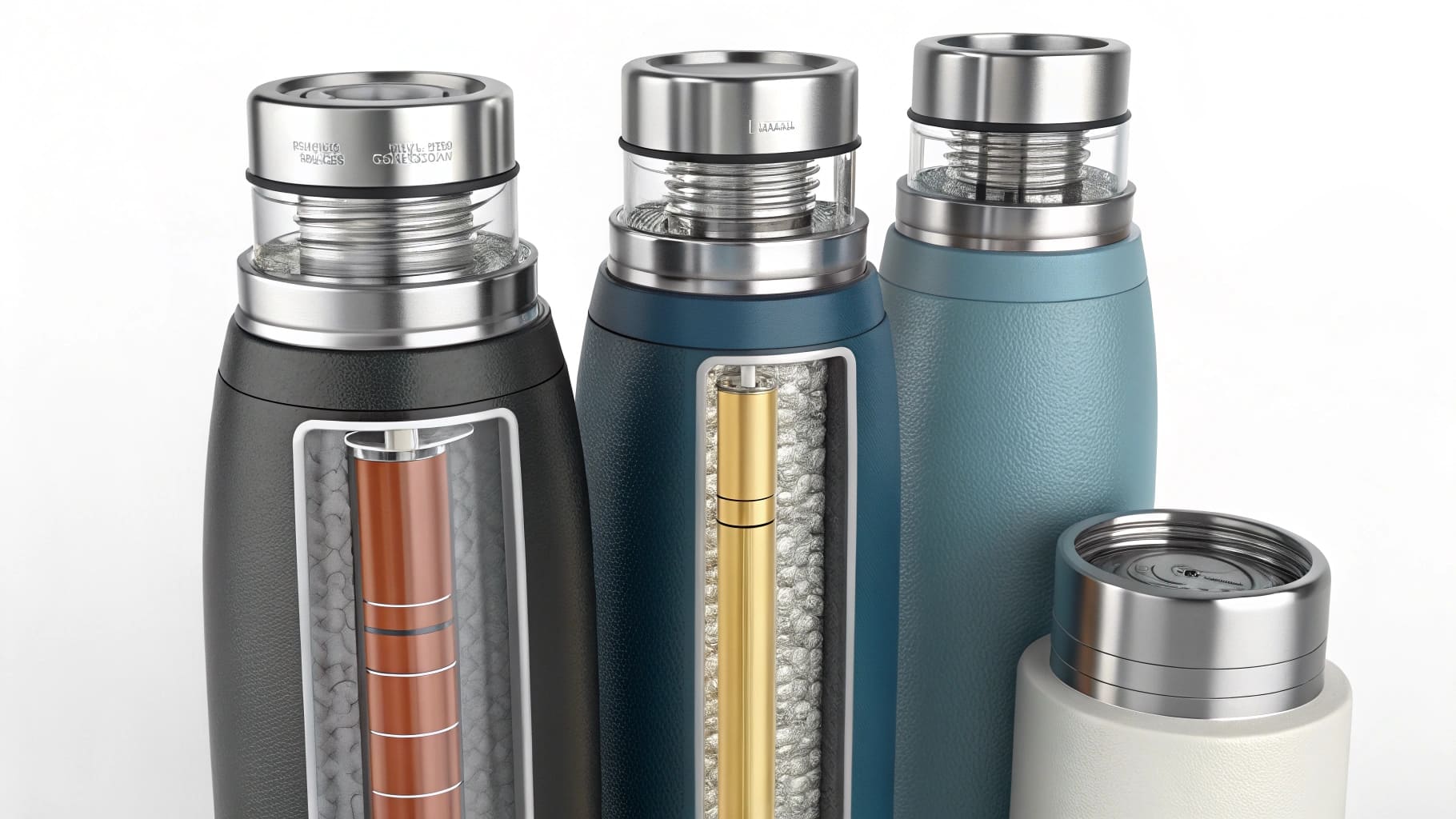 Detailed close-up of insulated bottles showcasing design features like double-wall vacuum construction.