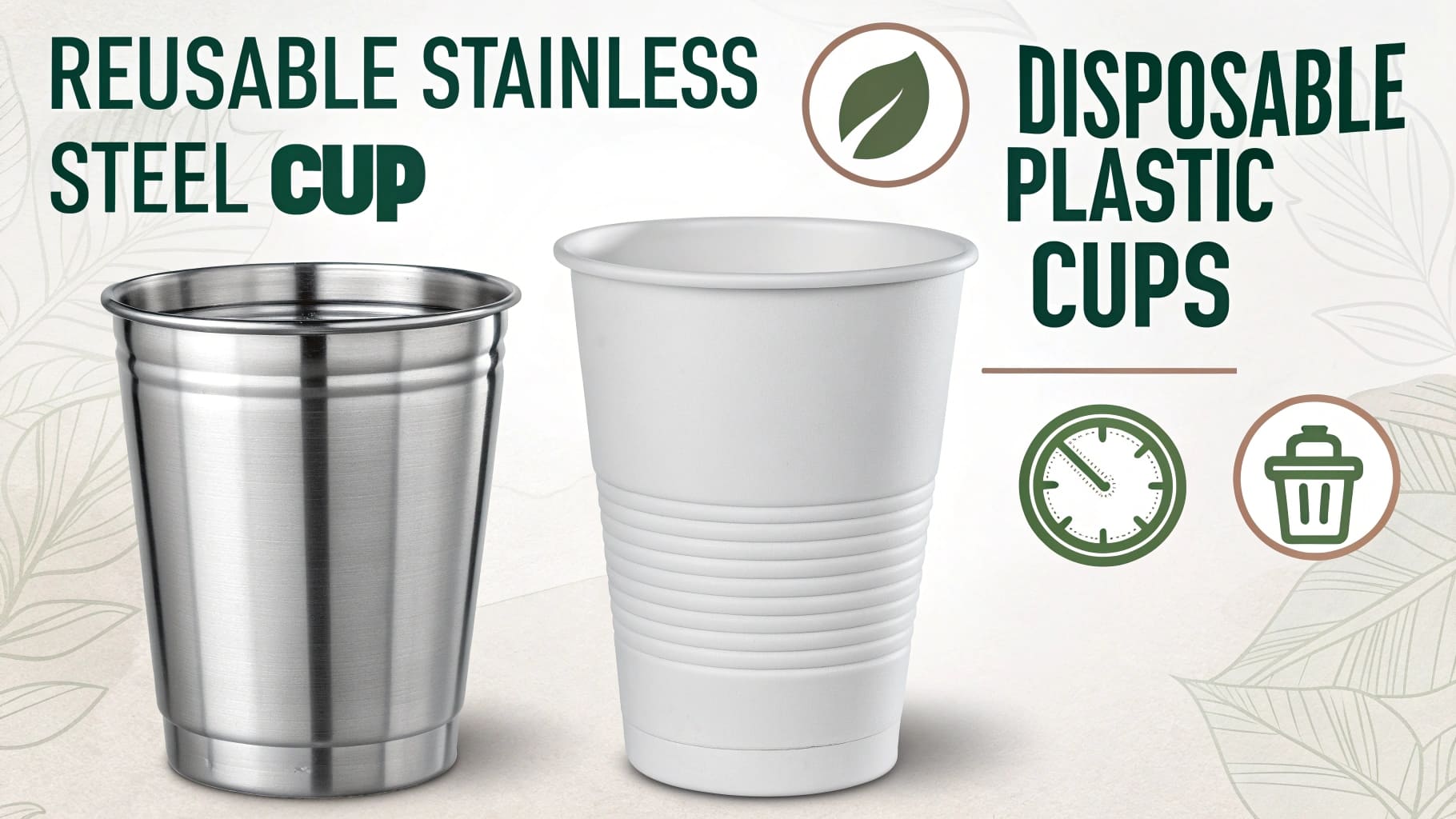 Detailed comparison of a reusable stainless steel cup and disposable plastic cups, highlighting their lifespan and usage.