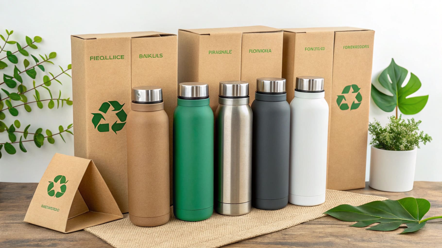 Eco-friendly packaging surrounding a neatly aligned line of insulated bottles.