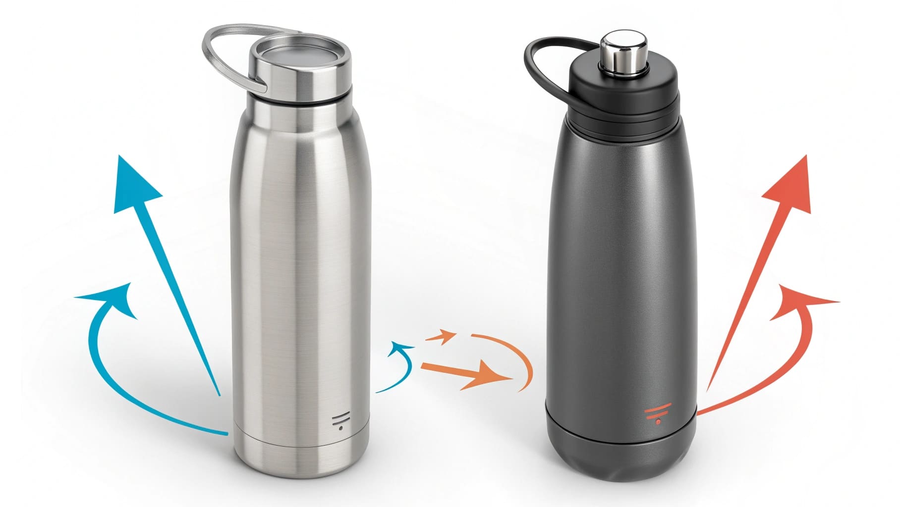 Two thermal bottles, one lightweight single-walled and one heavier double-walled, illustrated with arrows showing heat retention differences.