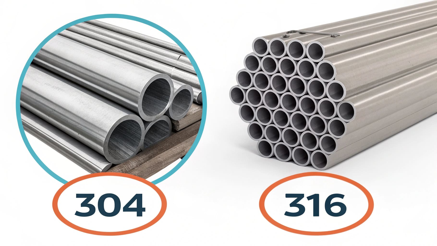 Visual depiction of 304 versus 316 stainless steel, with features like corrosion resistance and durability annotated.