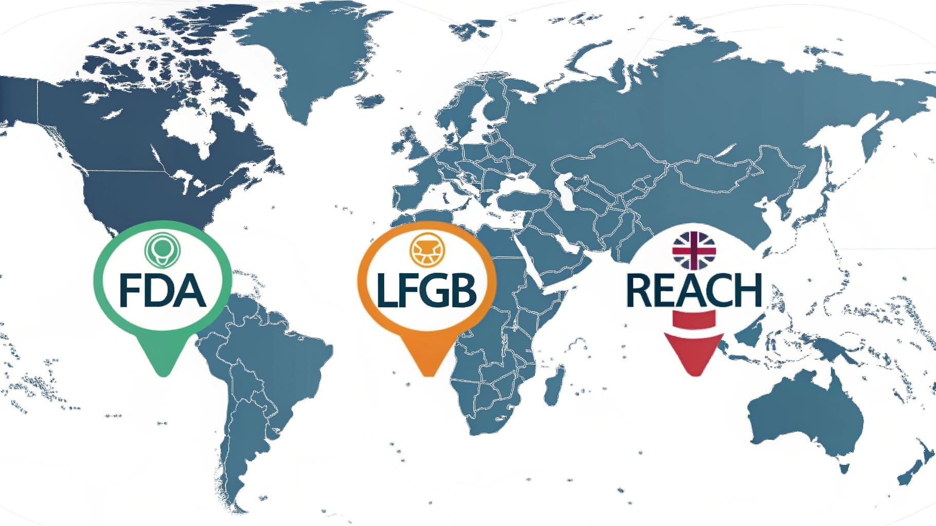 World map highlighting regulations and certifications like FDA, LFGB, and REACH, with certification logos.