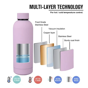 A high-quality stainless steel water bottle with a matte black finish and subtle condensation, resting on a clean metal workshop table alongside manufacturing tools and components.