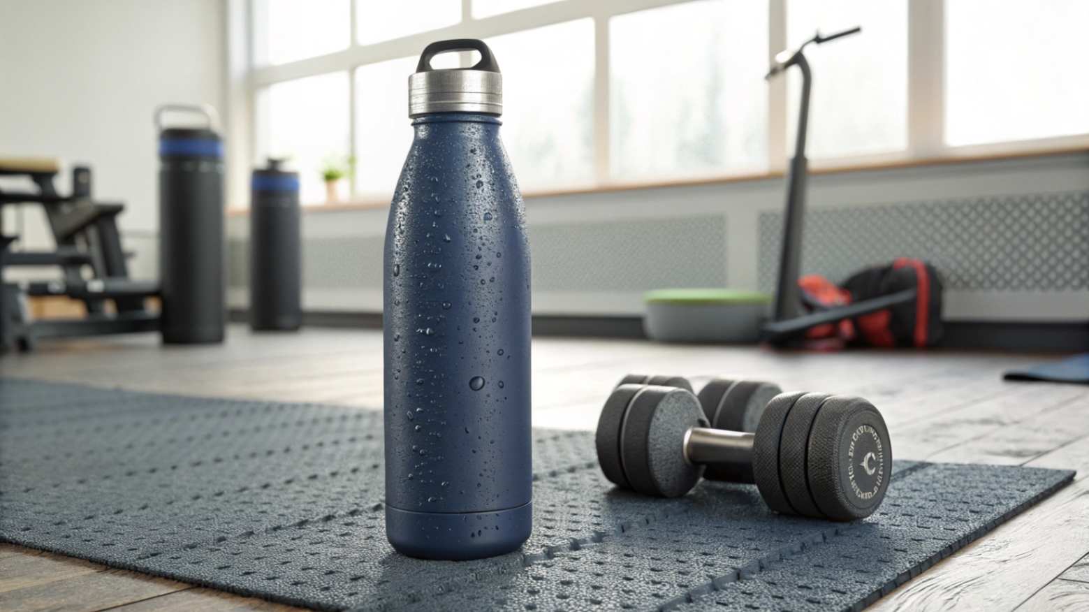A high-quality stainless steel sports water bottle in a deep navy color, with a leak-proof lid, standing on a gray gym floor alongside workout gear
