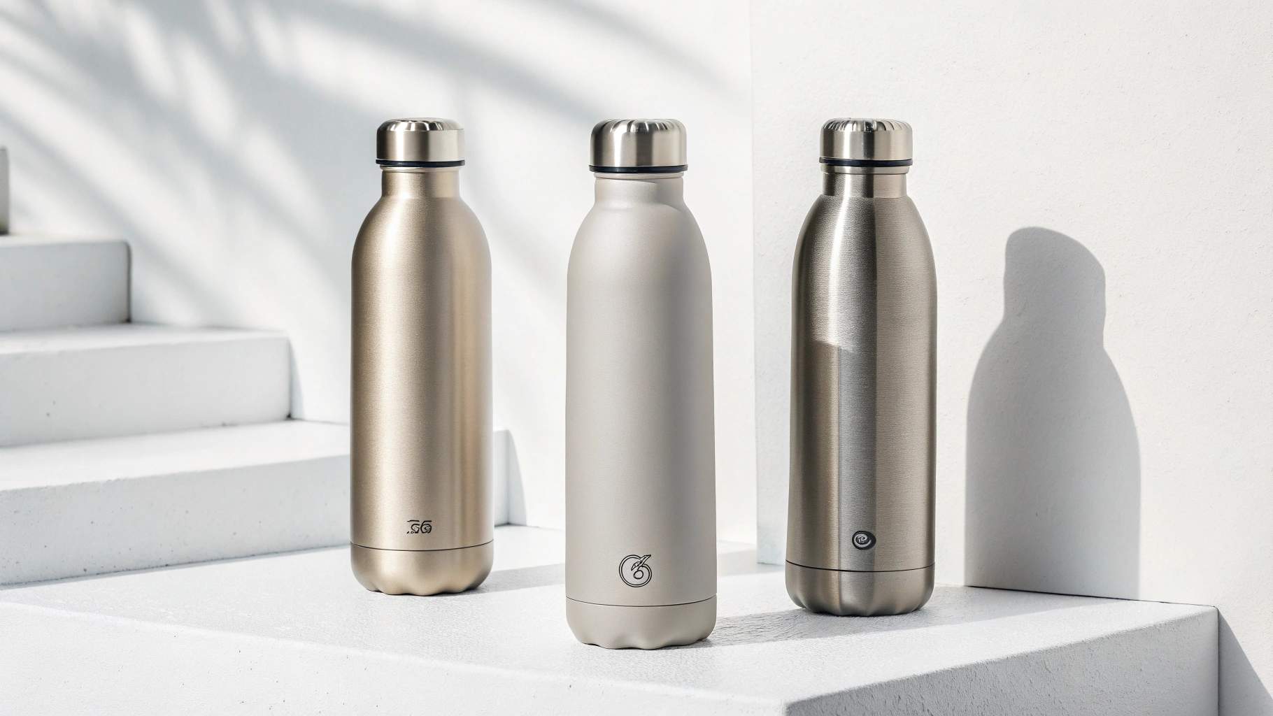 Three stainless steel water bottles in different grades, photographed on a clean white background