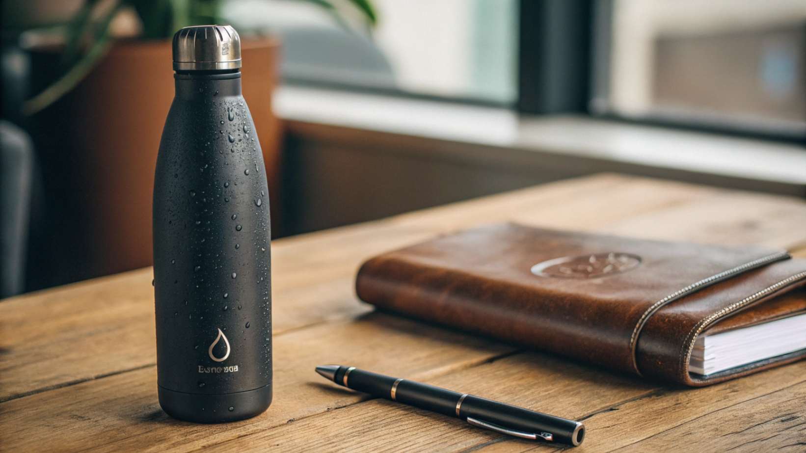A realistic photo of a matte black stainless steel water bottle with subtle condensation details, sitting on a wooden table next to a leather notebook and pen.
