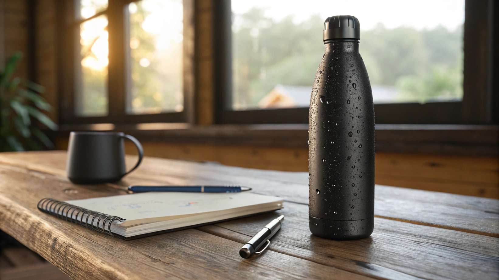 A matte black stainless steel water bottle with subtle condensation marks on a wooden table, next to a notebook and pen, in a warm, natural lighting setup.