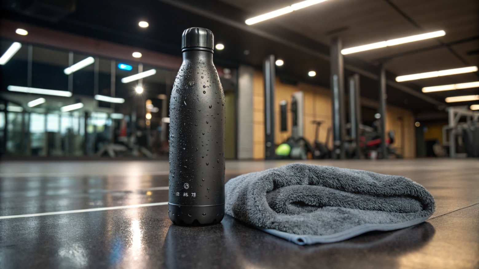 A sleek black stainless steel water bottle with condensation, sitting next to a gray workout towel on a gym floor