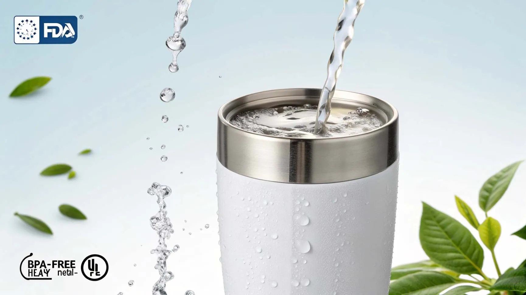 Realistic photo of a ceramic-lined stainless steel water bottle with a matte black finish, standing next to a tablet and greenery