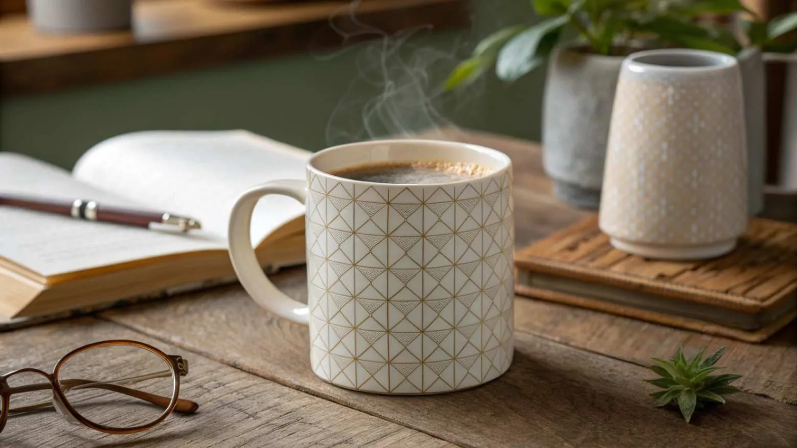 A realistic photograph of a ceramic mug with a patterned glaze, filled with a hot drink and surrounded by other study objects on a wooden table.