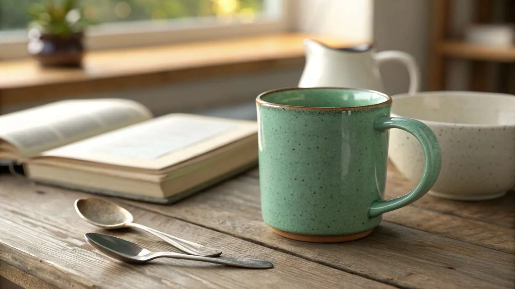 A realistic photo of a ceramic mug, spoons, and a bowl on a wooden table with a book