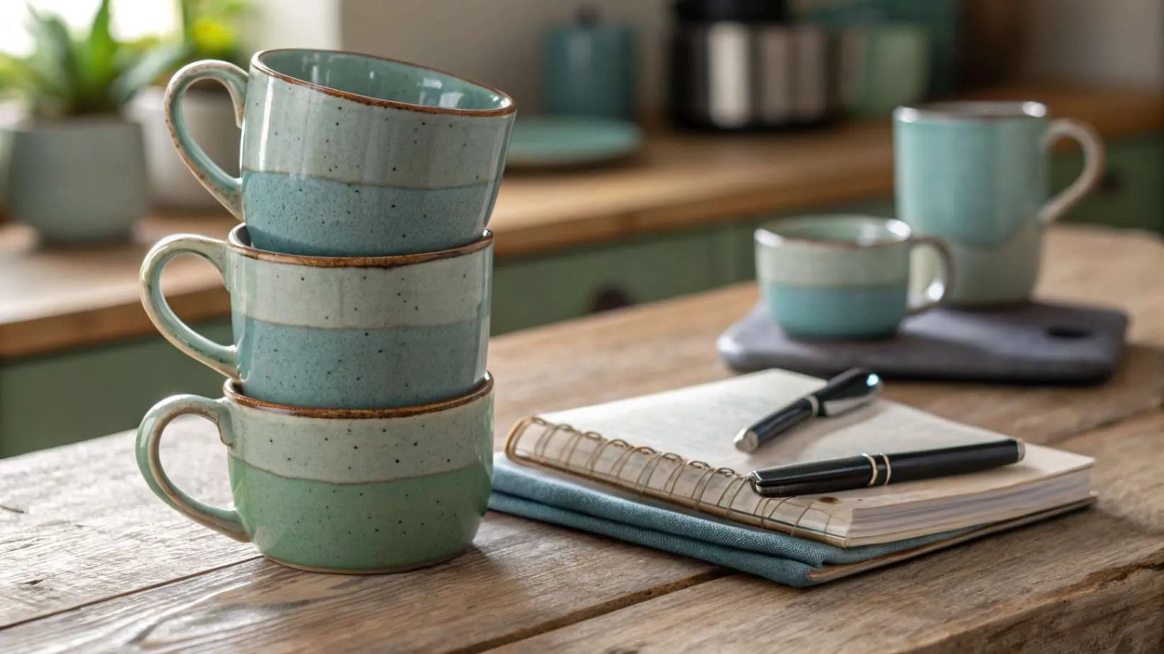 A realistic photo of a group of ceramic mugs in soft, muted blue and green tones, arranged on a wooden surface with a notebook and pen nearby.