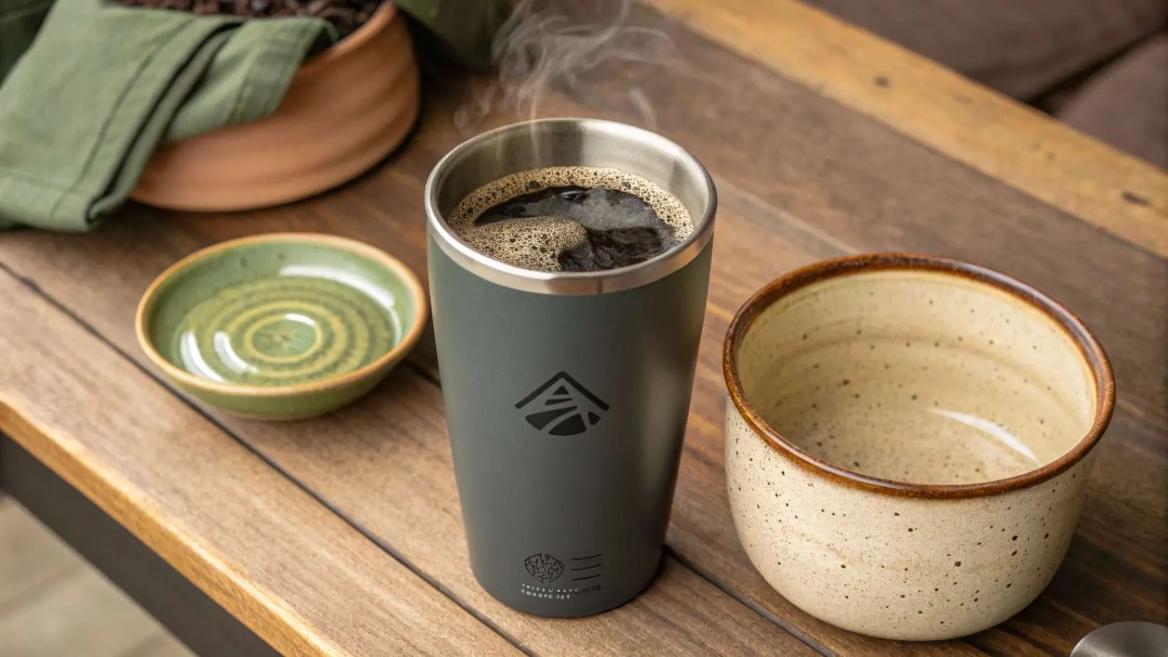 A realistic photo of a dark gray travel mug and ceramic bowl on a wooden table