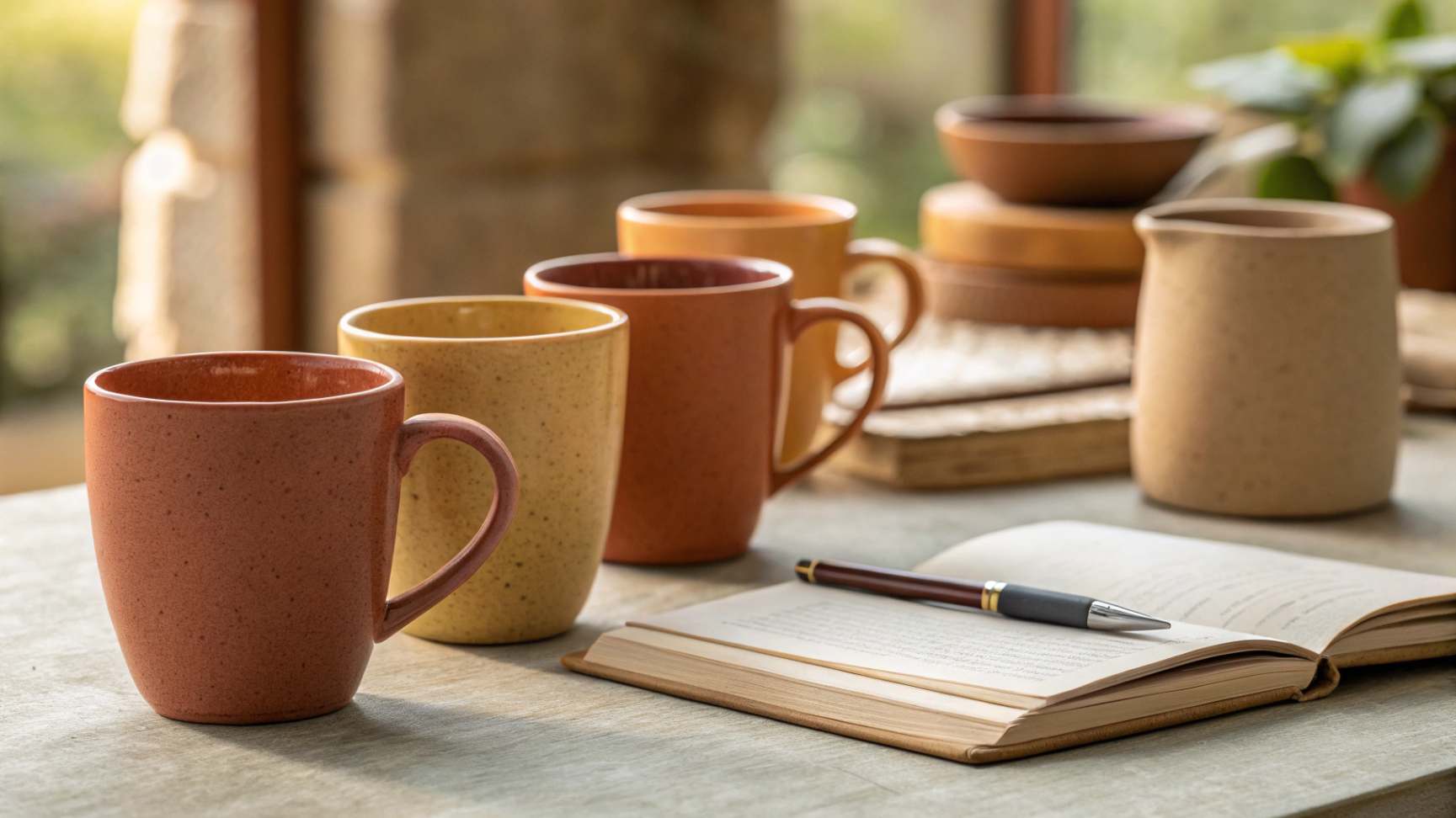 Minimalist arrangement of muted ceramic mugs on a wooden table with a book and pen
