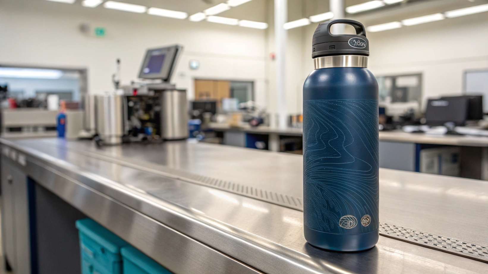 A high-quality stainless steel water bottle with a matte navy blue finish, sitting on a polished metal lab bench surrounded by technical equipment.