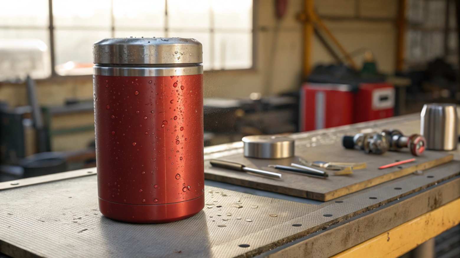 A close-up, realistic photograph of a red matte stainless steel vacuum canister on a metal workbench, surrounded by manufacturing tools.