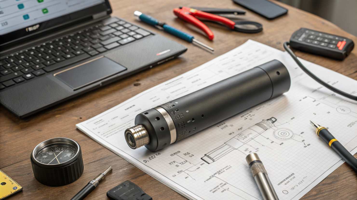 A desk with various vacuum technology tools and materials, including a black metal vacuum cylinder, technical manuals, and a laptop displaying schematics.