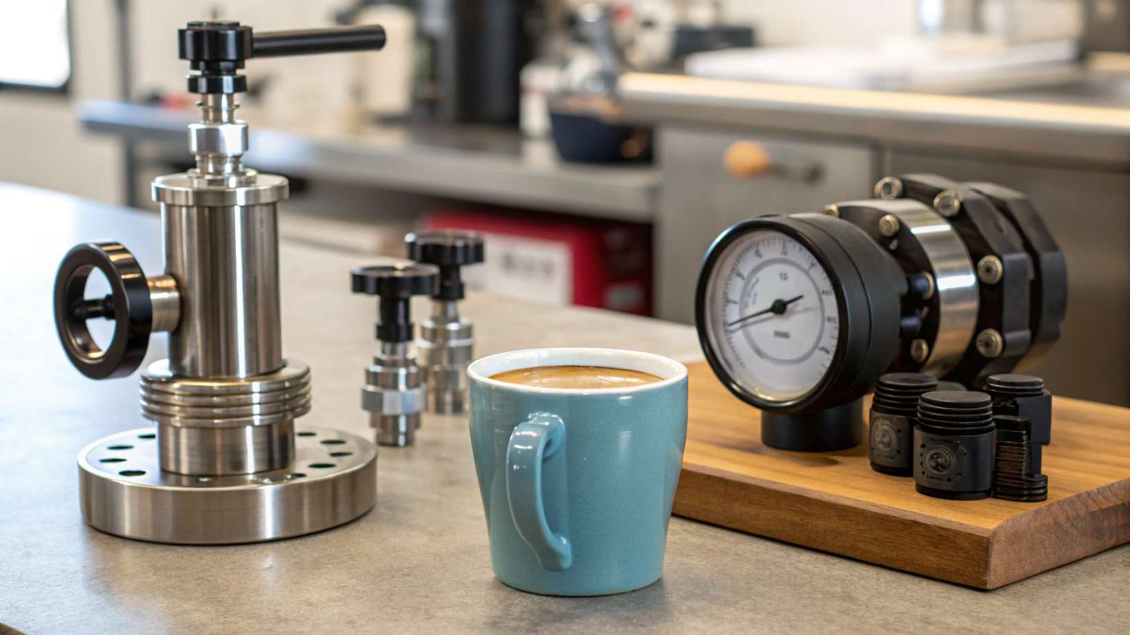 A realistic photograph showcasing various industrial vacuum components, including a stainless steel vacuum chamber, metal valves and gauges, and a uniquely styled ceramic mug.