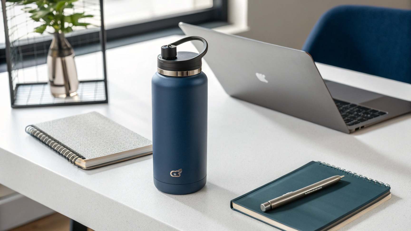 A sleek, customized navy blue stainless steel water bottle on a minimalist white desk, surrounded by a laptop and office supplies.