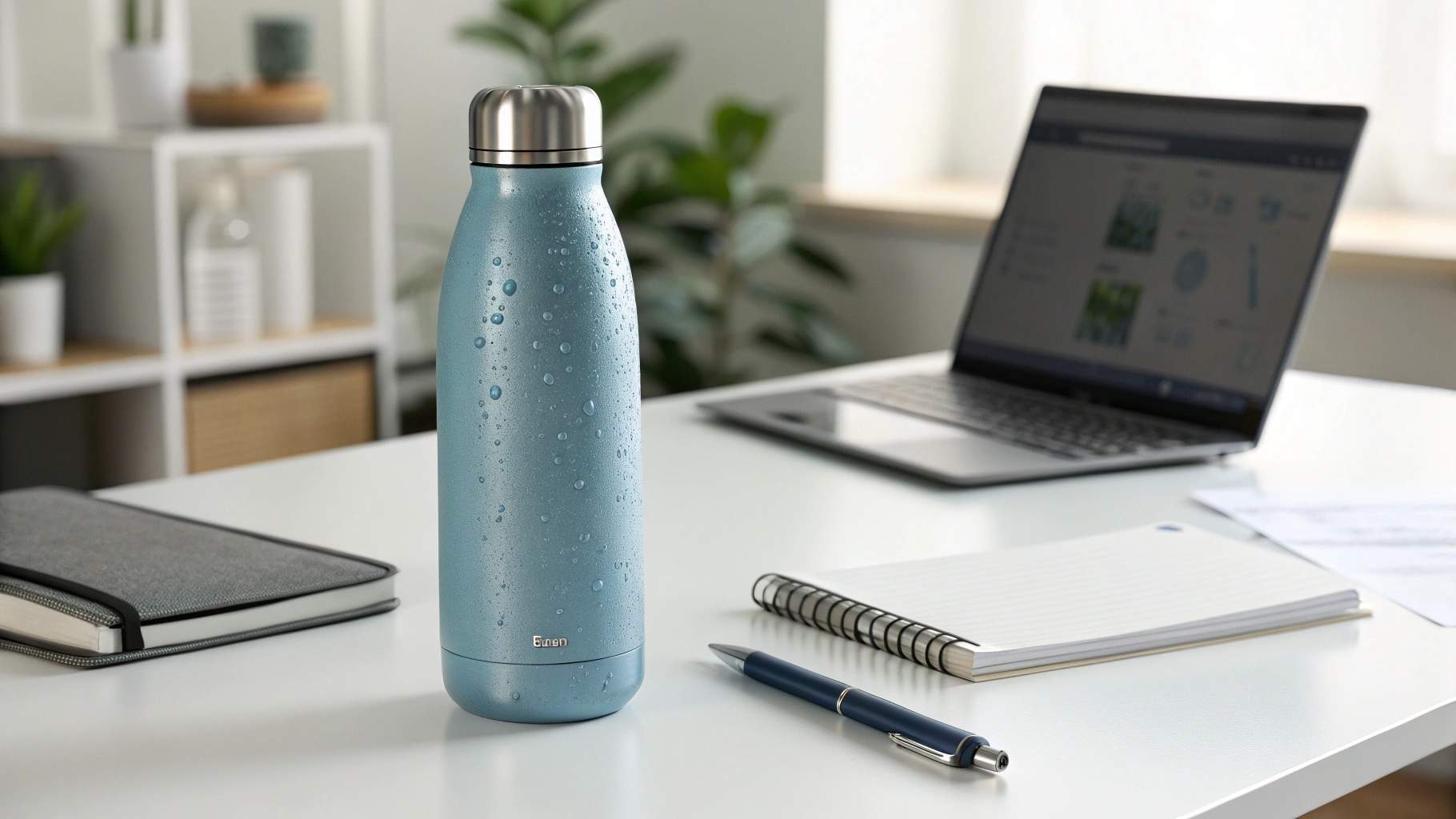 How to Define Your Customization Scope to Match Brand Goals A high-quality stainless steel water bottle with a matte blue finish, standing on a clean white desk alongside office supplies