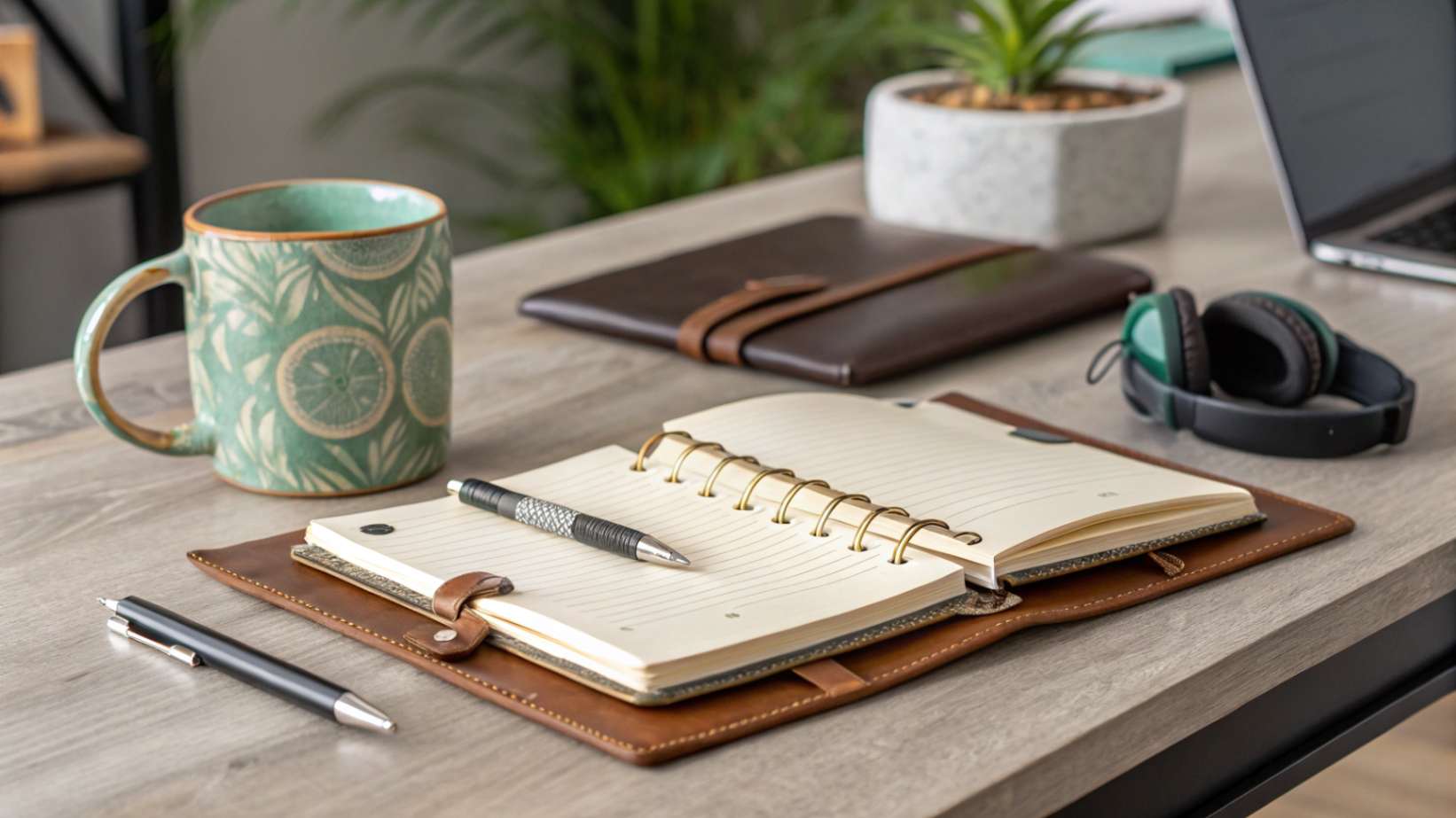 Printing vs Engraving: How Should B2B Buyers Choose the Best Decoration Method A high-quality notebook or journal open on a modern desk, with a stylish mug and other office accessories visible.