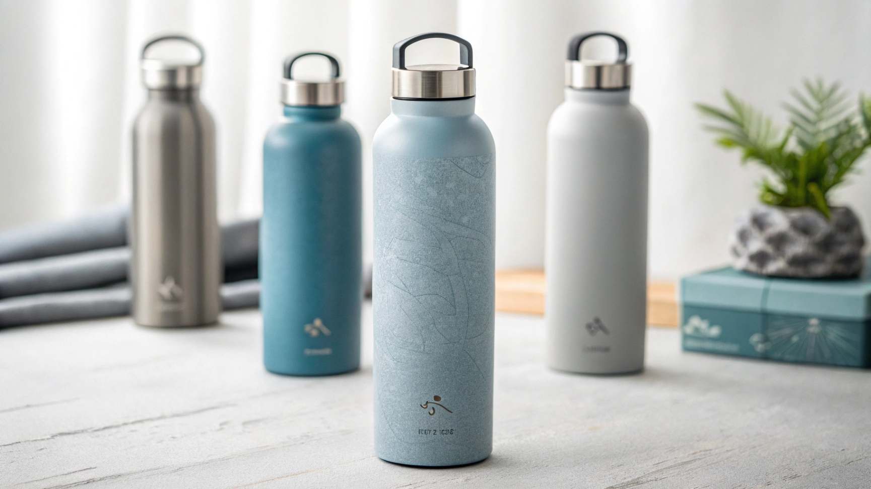 Custom Water Bottles: OEM vs ODM A collection of custom designed stainless steel water bottles in a muted blue and gray color palette, showcasing a range of subtle surface textures and minimal branding elements.
