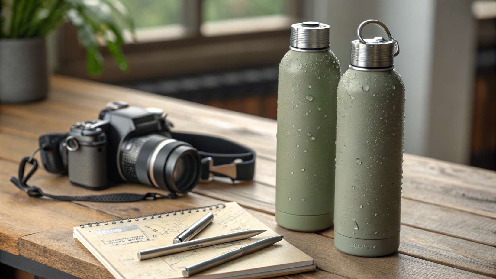 How to Enhance Brand Value Through Custom Packaging for Stainless Steel Water Bottles A realistic photo of two sleek, muted green stainless steel water bottles with condensation on their surfaces, accompanied by printed labels, pens, and a notebook on a wooden table.