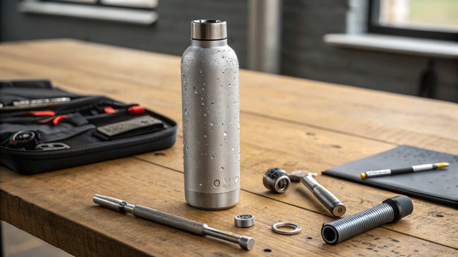How to Effectively Control Quality, Safety, and Compliance in B2B Water Bottle Customization A realistic photo of a matte stainless steel water bottle surrounded by quality control equipment on a wooden table