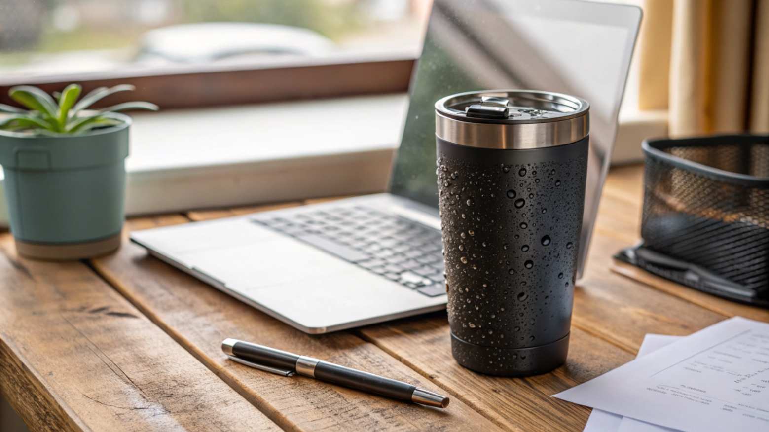 A realistic photograph of a stainless steel insulated tumbler with a matte black finish, condensation beading on the surface, sitting on a wooden office desk next to a laptop, papers, and a pen